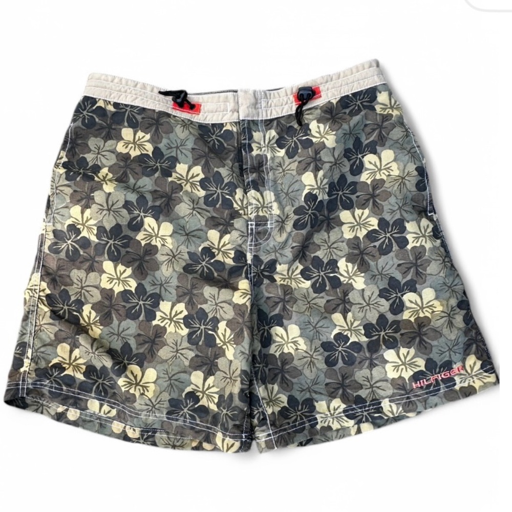 Vintage Tommy Hilfiger swim mens floral hibiscus olive green trunks. Size XL.